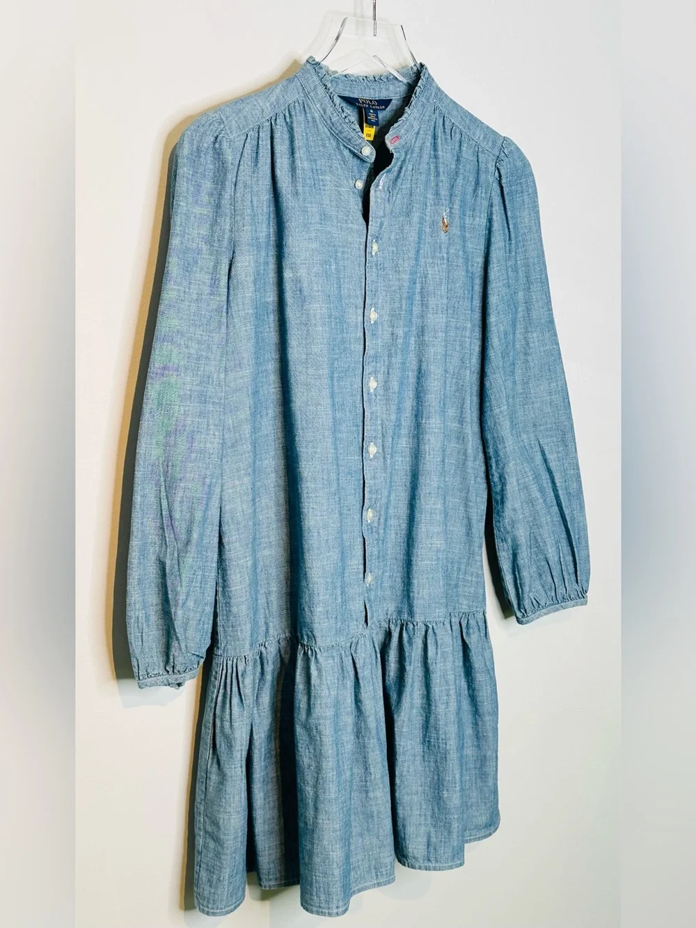 Ralph Lauren Polo Light Blue Chambray Denim Ruffle Hem Drop Waist Dress